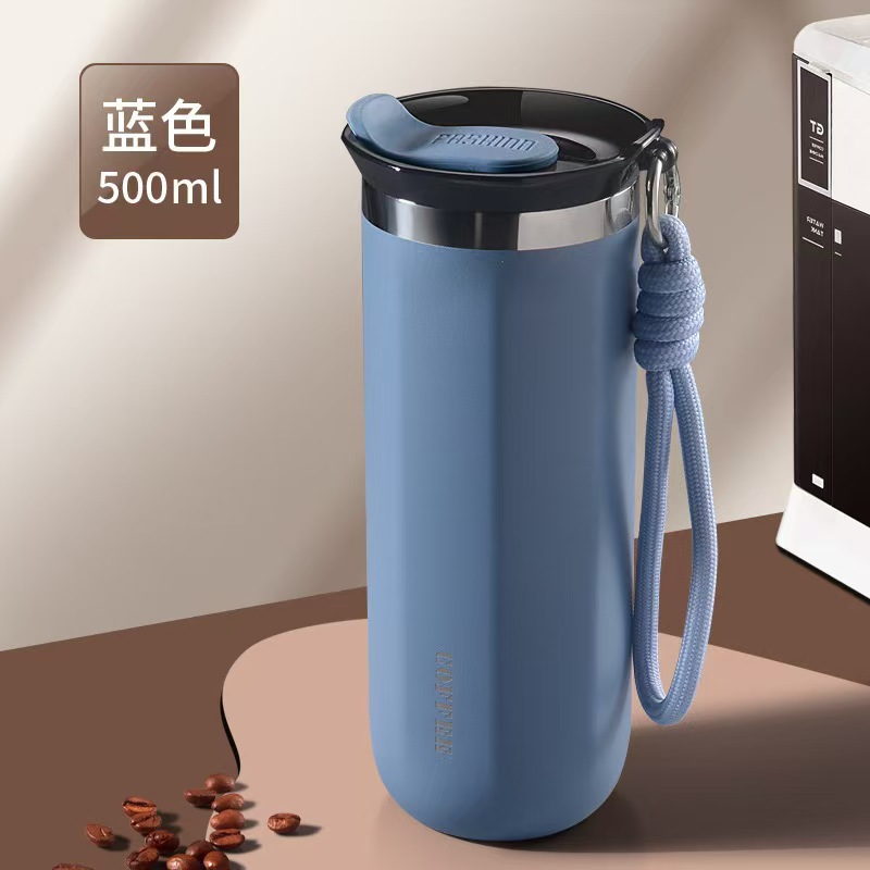 double-layer vacuum rope holding coffee cup 304 stainless steel vacuum cup outdoor portable sports kettle solid color water cup Specification drawing