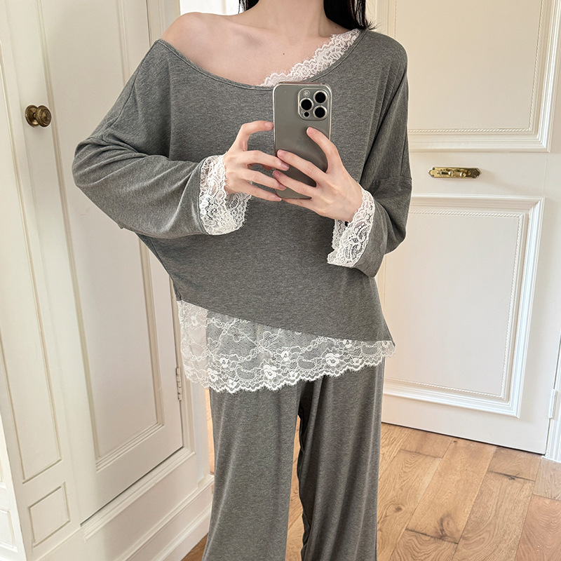 yellow off-shoulder pure desire style lace stitching korean pajamas modal loose oversized long sleeves homewear Specification drawing