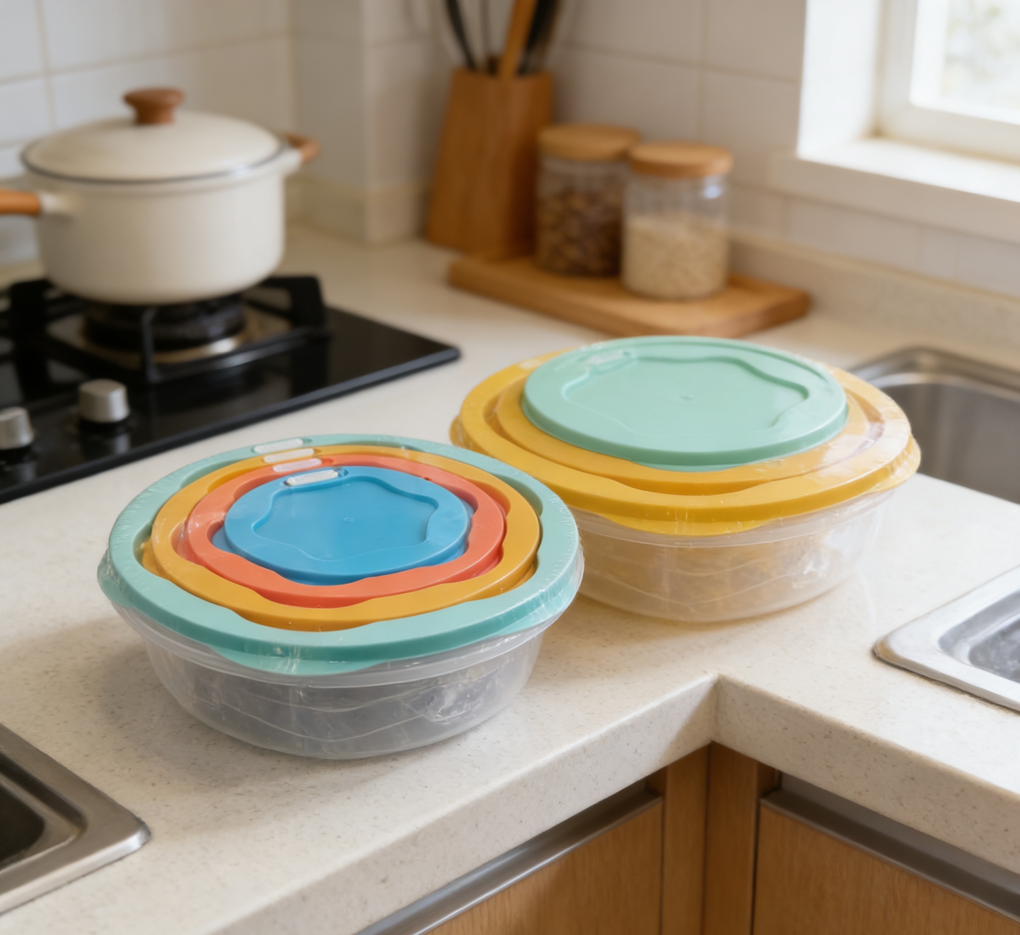 Food-grade sealed food storage box set, household kitchen layered storage box with lid, multi-layer round food storage box, kitchen food storage box sealed and anti-odor mixing set