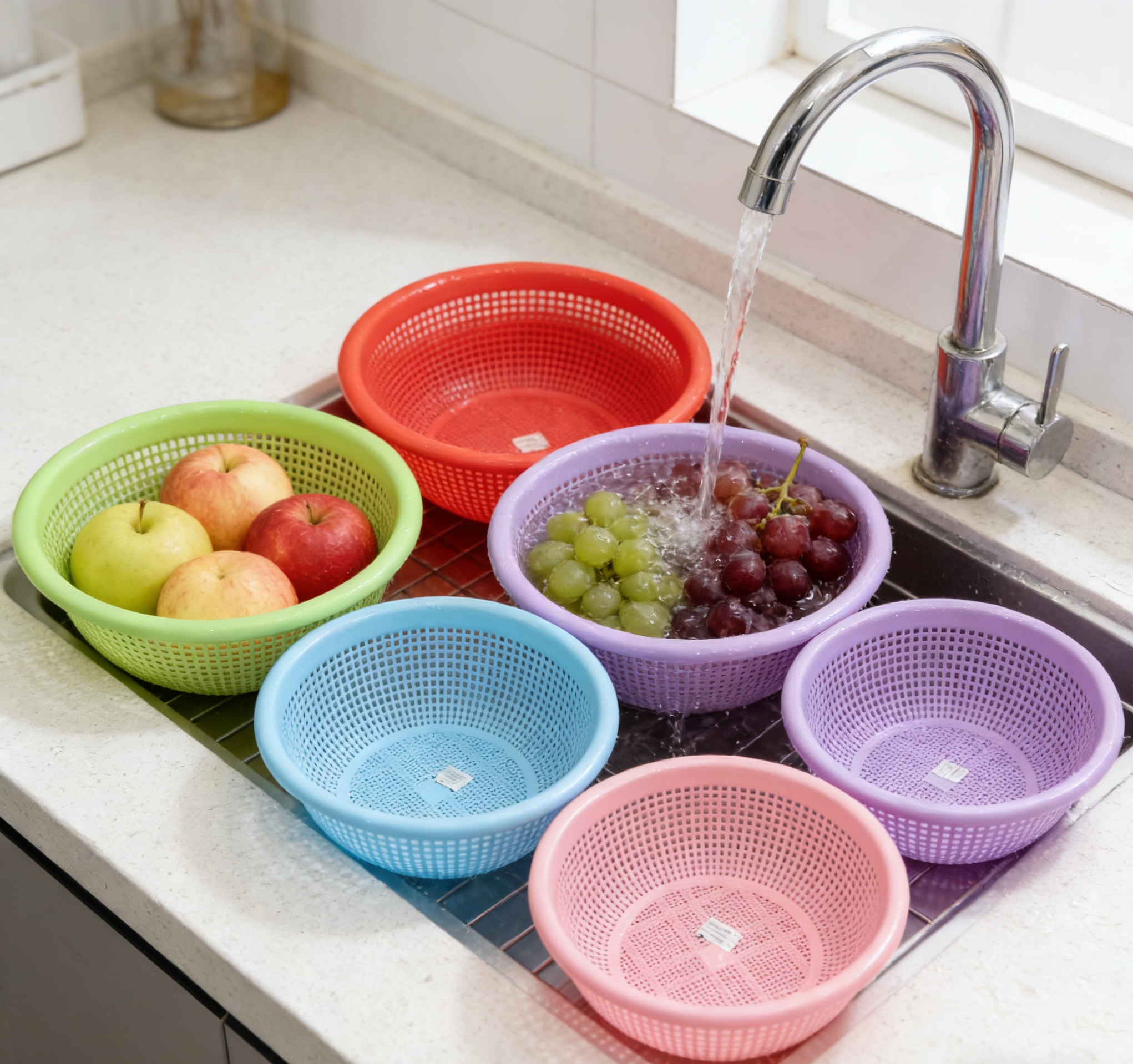 Thickened draining basket set, multi-sized round vegetable washing basin, living room fruit basket, bathroom storage basket, rice-washing magic tool, colorful plastic draining basket, household kitchen vegetable washing basket, large round hollow rice-washing basket, fruit storage basket Specification image