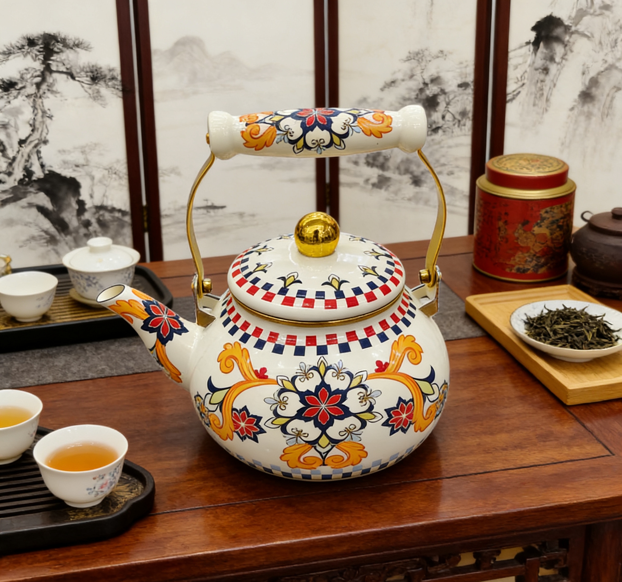 Retro enamel enamel teapot, 2.5L large-capacity handle teapot for home use, Chinese-style printed kettle for boiling and brewing details Picture