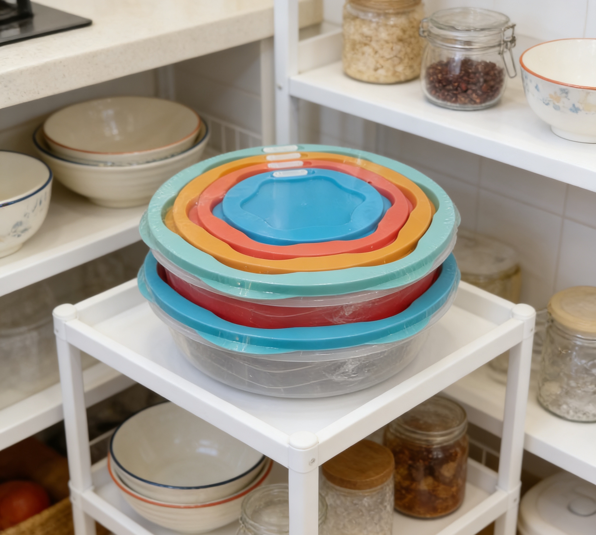 Food-grade sealed food storage box set, household kitchen layered storage box with lid, multi-layer round food storage box, kitchen food storage box sealed and anti-odor mixing set Item Picture