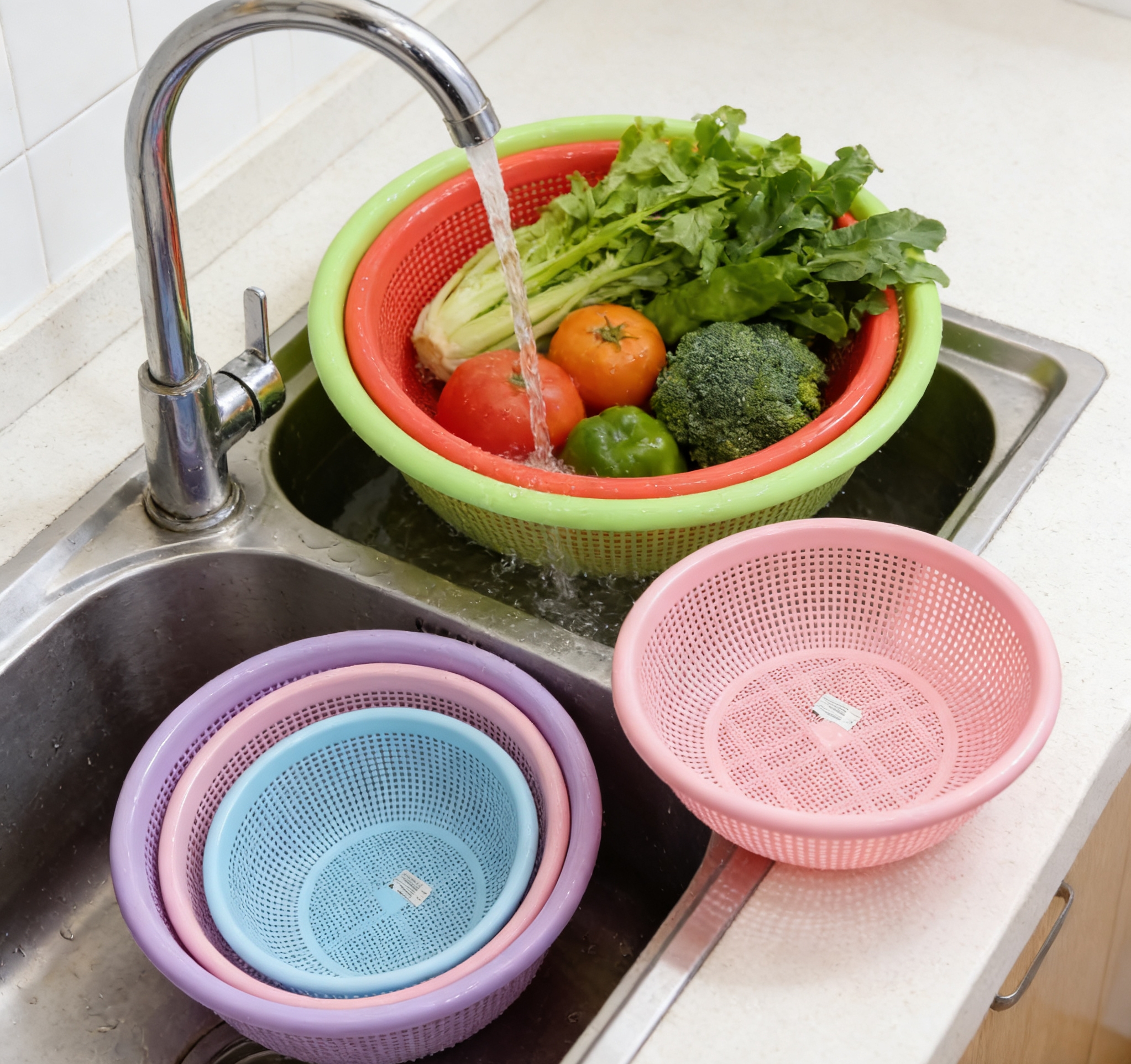 加厚沥水篮套装多尺寸圆形洗菜盆客厅水果篮浴室收纳筐淘米神器 彩色塑料沥水篮家用厨房洗菜篮大号圆形镂空淘米篮水果收纳篮