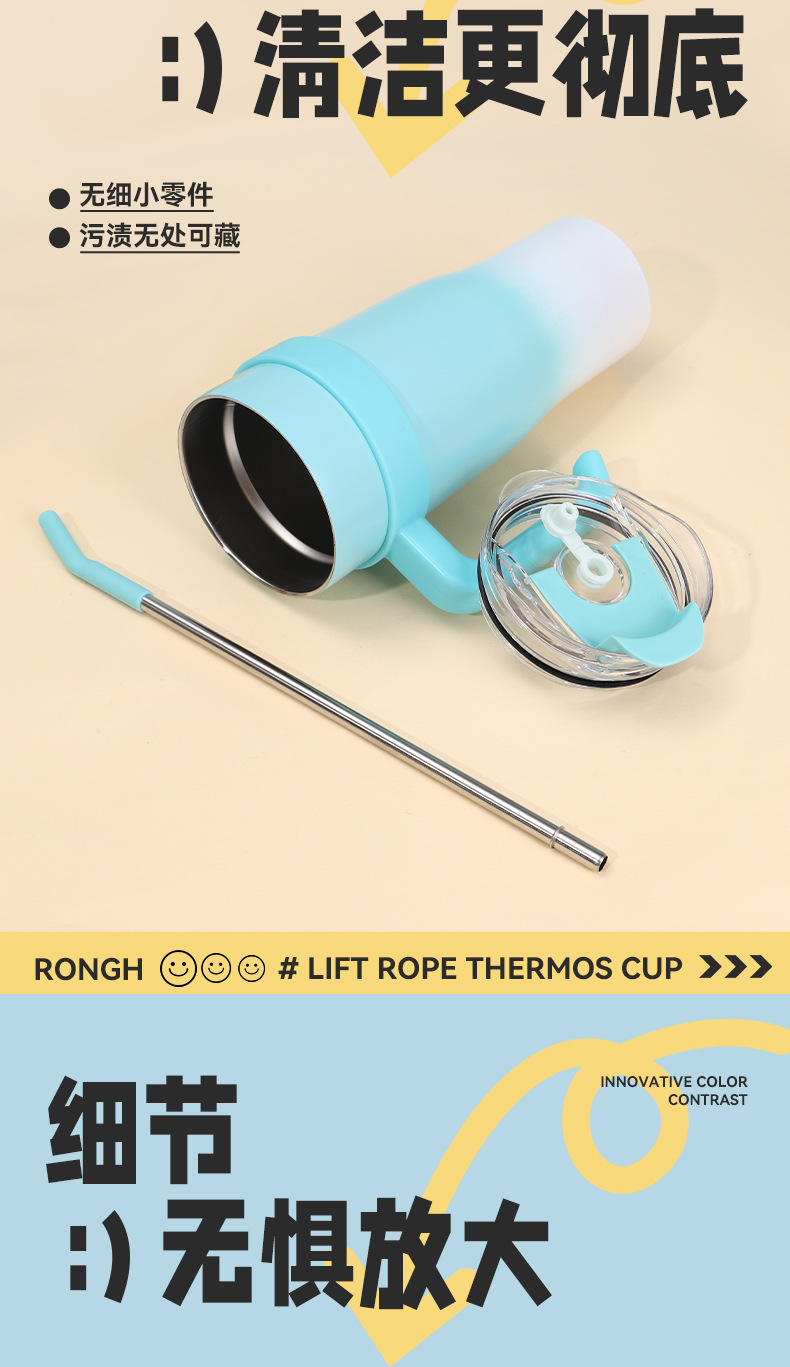 New giant stainless steel car cup, 40oz large-capacity handle ice cup, straw insulated water cup pic 4