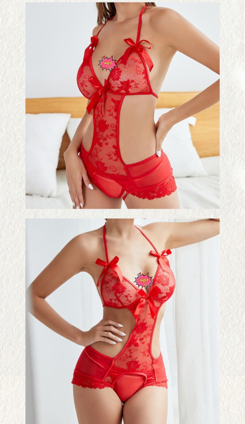 French lace lingerie, sexy and charming, bow neckline, cut-out one-piece dress, mature and sophisticated, backless, open-crotch pajamas pic 5