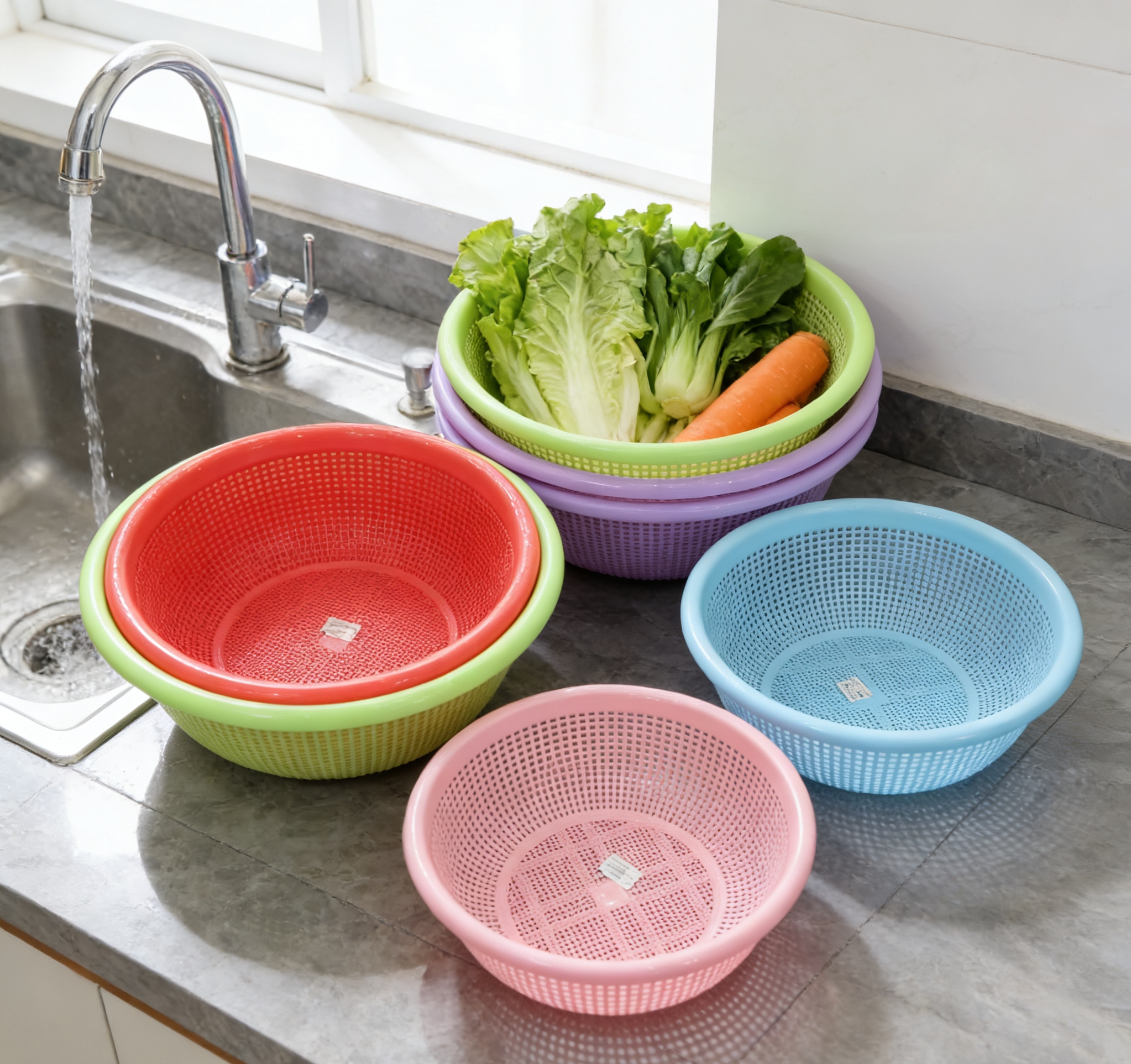 Thickened draining basket set, multi-sized round vegetable washing basin, living room fruit basket, bathroom storage basket, rice-washing magic tool, colorful plastic draining basket, household kitchen vegetable washing basket, large round hollow rice-washing basket, fruit storage basket Application Scenario