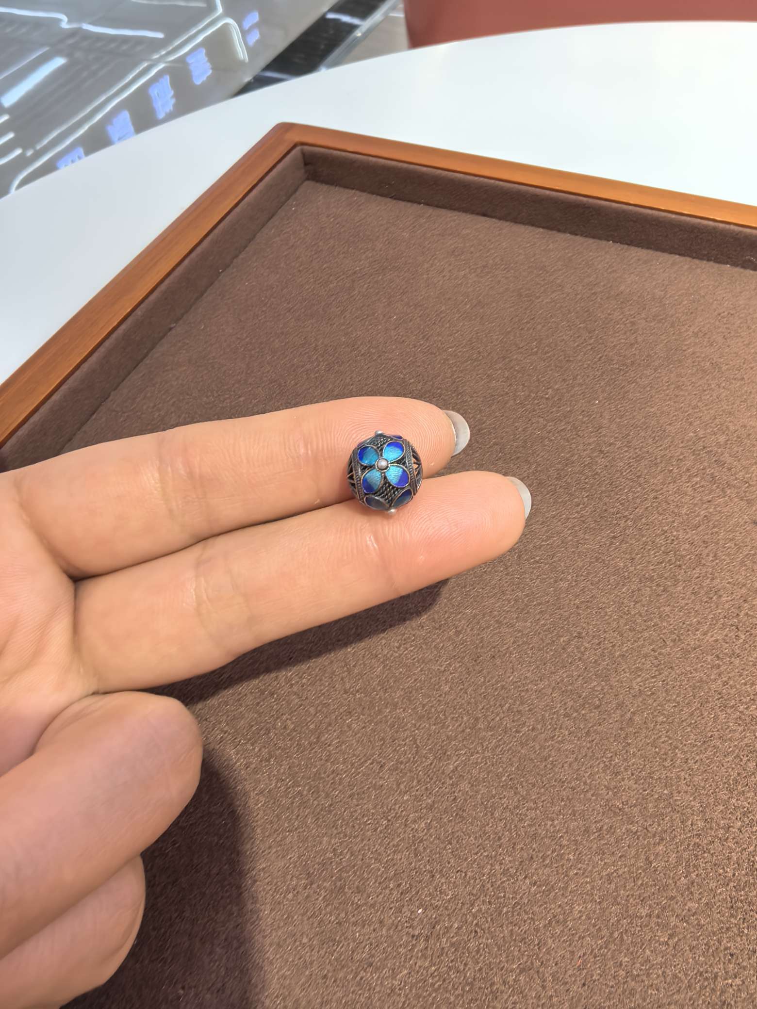 s925  手工掐丝景泰蓝四叶草老银镶珍珠隔珠  p2836 