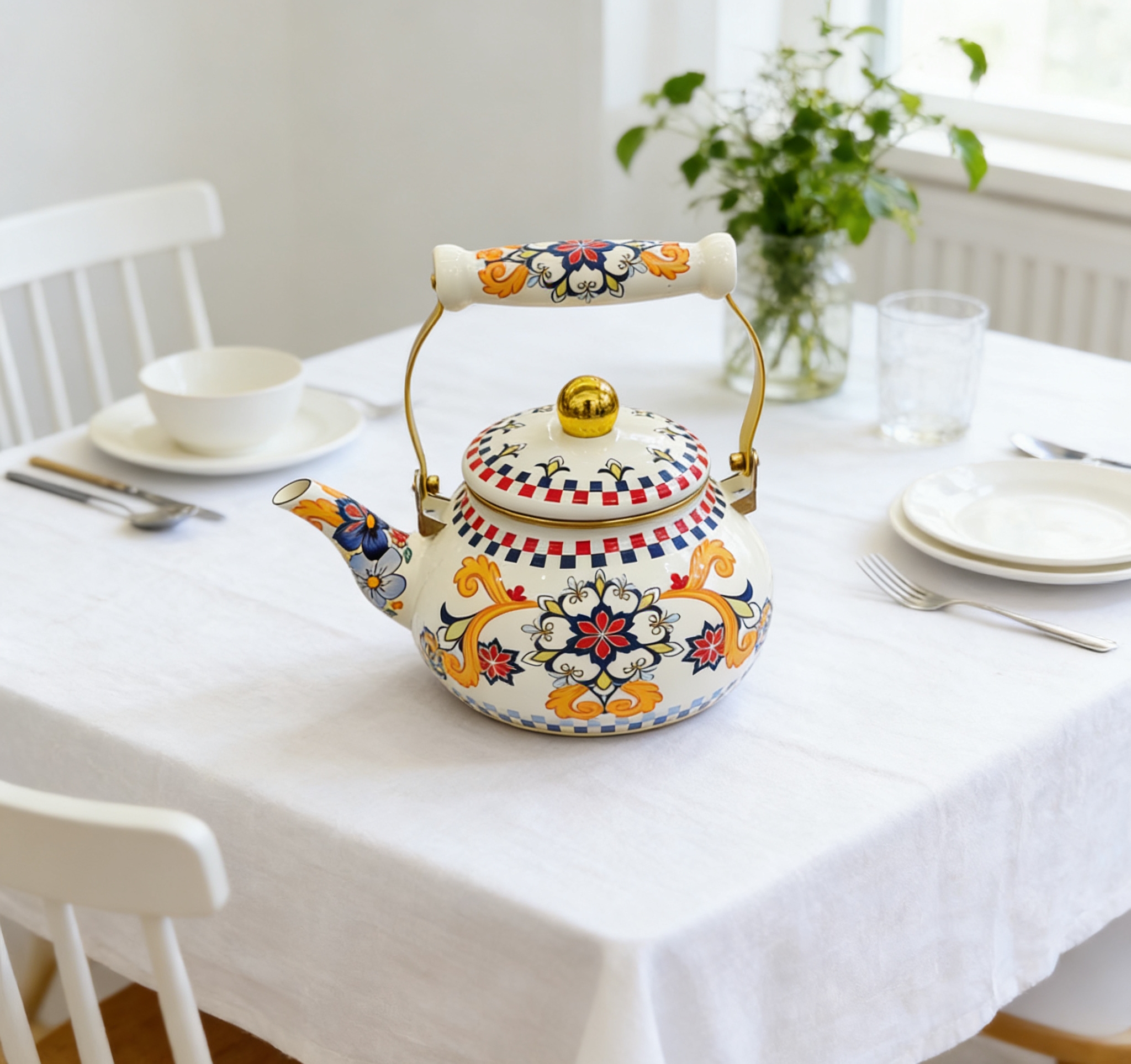 复古珐琅搪瓷茶壶家用2.5L大容量提梁壶中式印花烧水壶泡茶壶