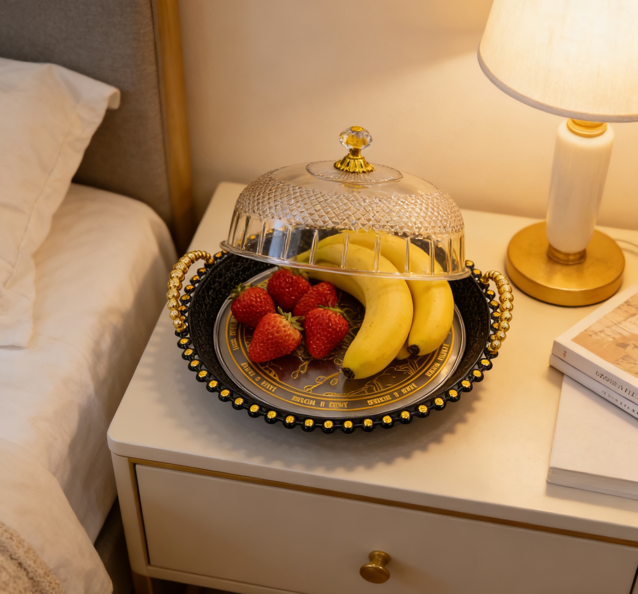 Court-style gold-patterned fruit platter, household dust-proof snack and pastry platter, Internet celebrity, high appearance level fruit platter with dust-proof cover, snack storage platter wholesale Application Scenario