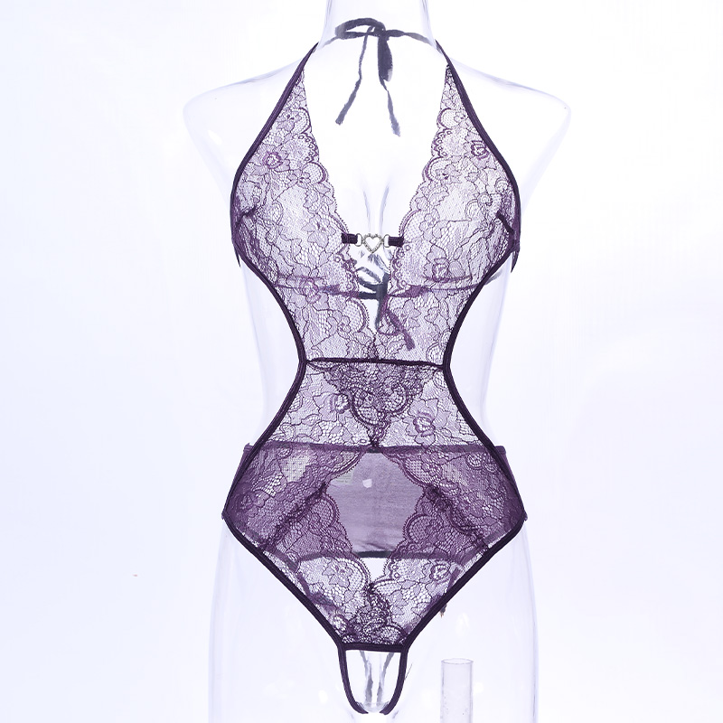 See-through halter jumpsuit, a sexy summer thin and hot girl lace open-crotch cut-out backless halter mesh jumpsuit Item Picture