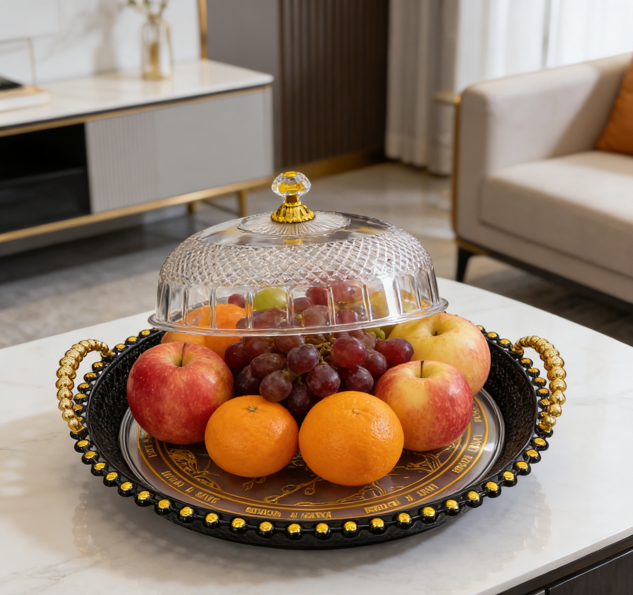 Court-style gold-patterned fruit platter, household dust-proof snack and pastry platter, Internet celebrity, high appearance level fruit platter with dust-proof cover, snack storage platter wholesale Item Picture