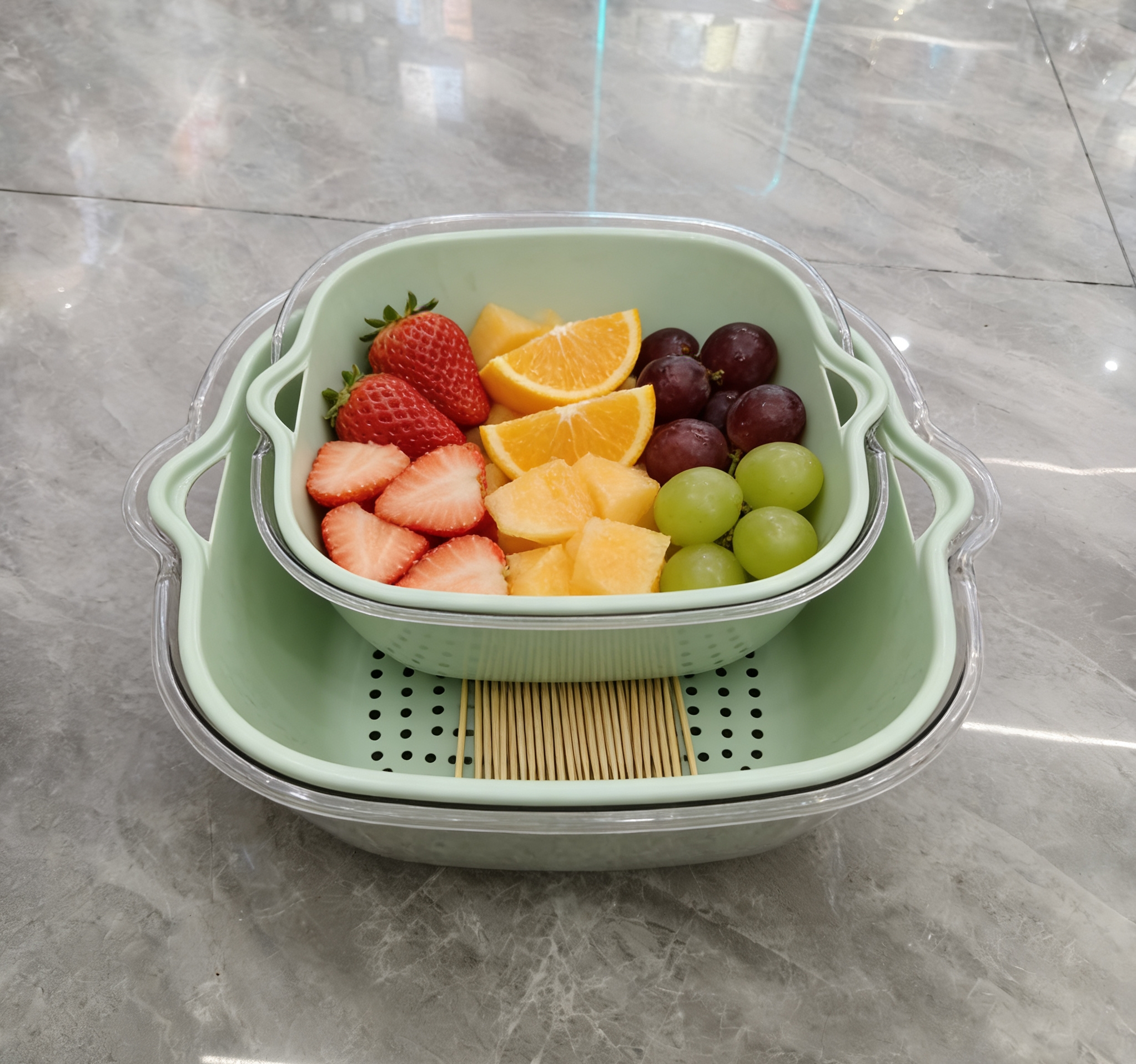 Double-layer fruit and vegetable draining baskets, kitchen washing basins, water filtering baskets, household living room fruit plate storage baskets wholesale details Picture