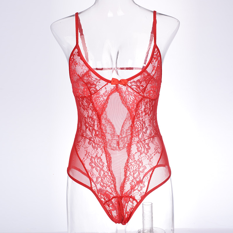 European and American style lace sexy open-crotch jumpsuit, fun pajamas, French halter top, cut-out mesh fabric patchwork backless underwear Application Scenario