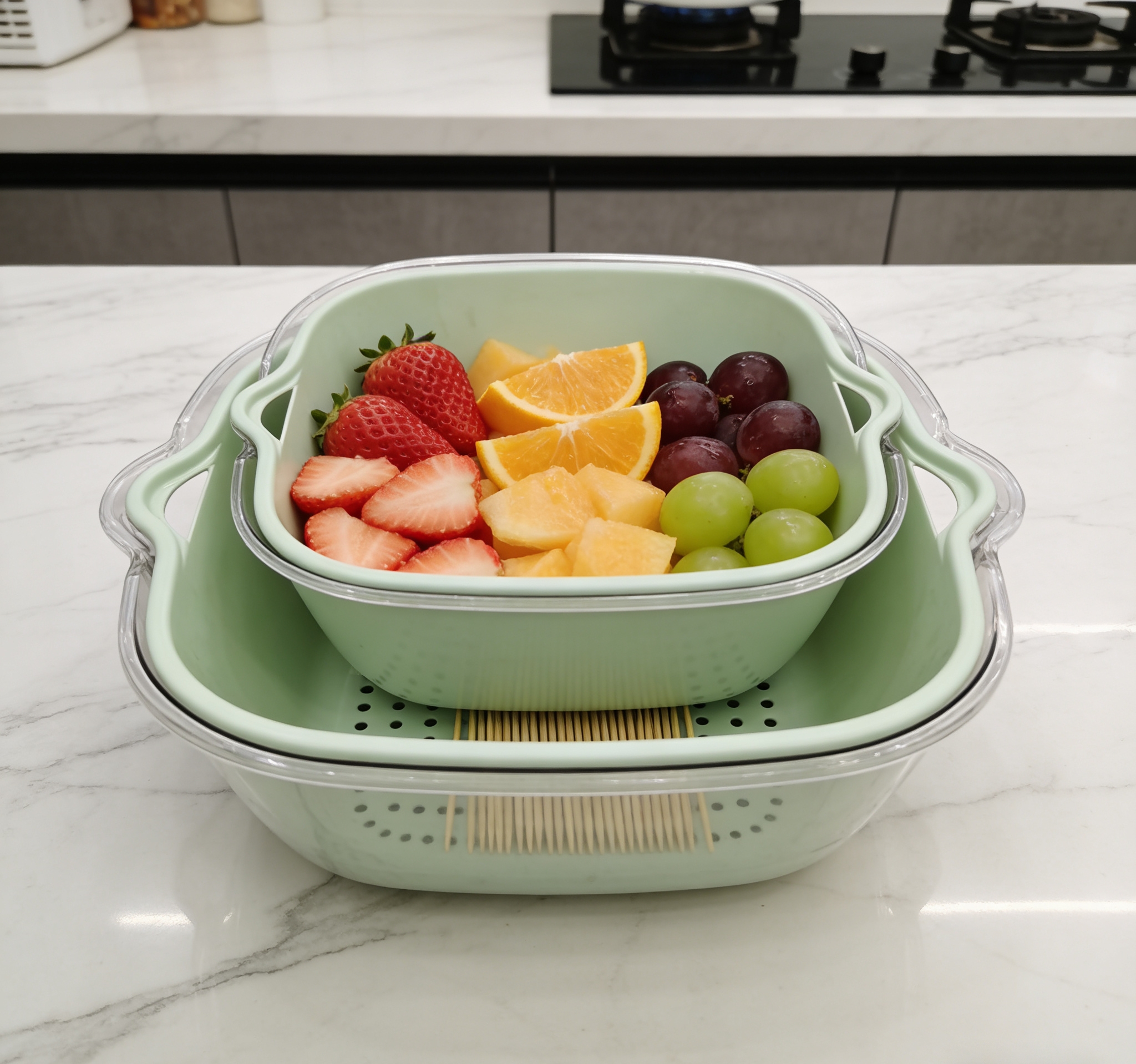 Double-layer fruit and vegetable draining baskets, kitchen washing basins, water filtering baskets, household living room fruit plate storage baskets wholesale Application Scenario