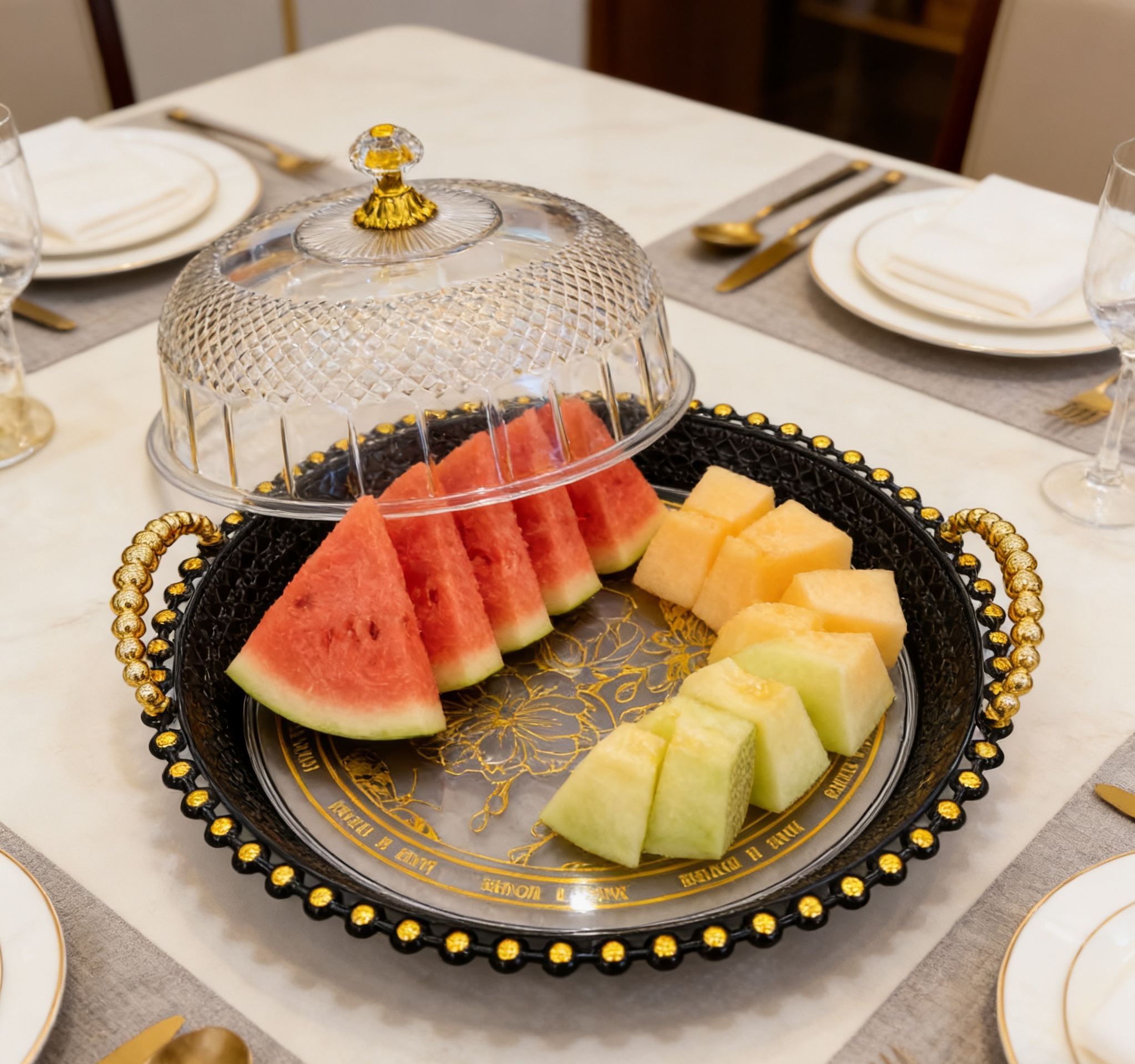 Court-style gold-patterned fruit platter, household dust-proof snack and pastry platter, Internet celebrity, high appearance level fruit platter with dust-proof cover, snack storage platter wholesale Specification image