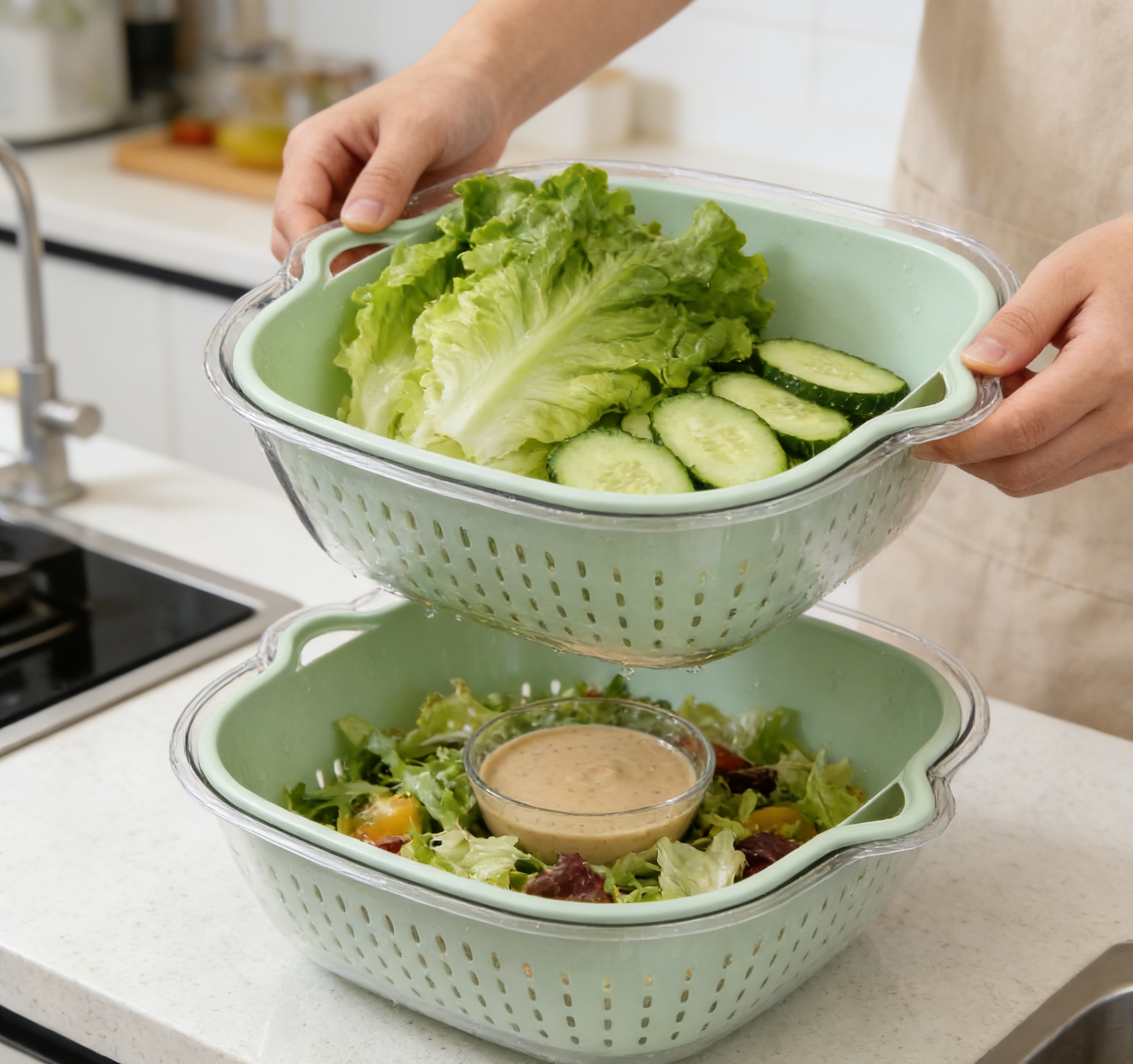 Double-layer fruit and vegetable draining baskets, kitchen washing basins, water filtering baskets, household living room fruit plate storage baskets wholesale