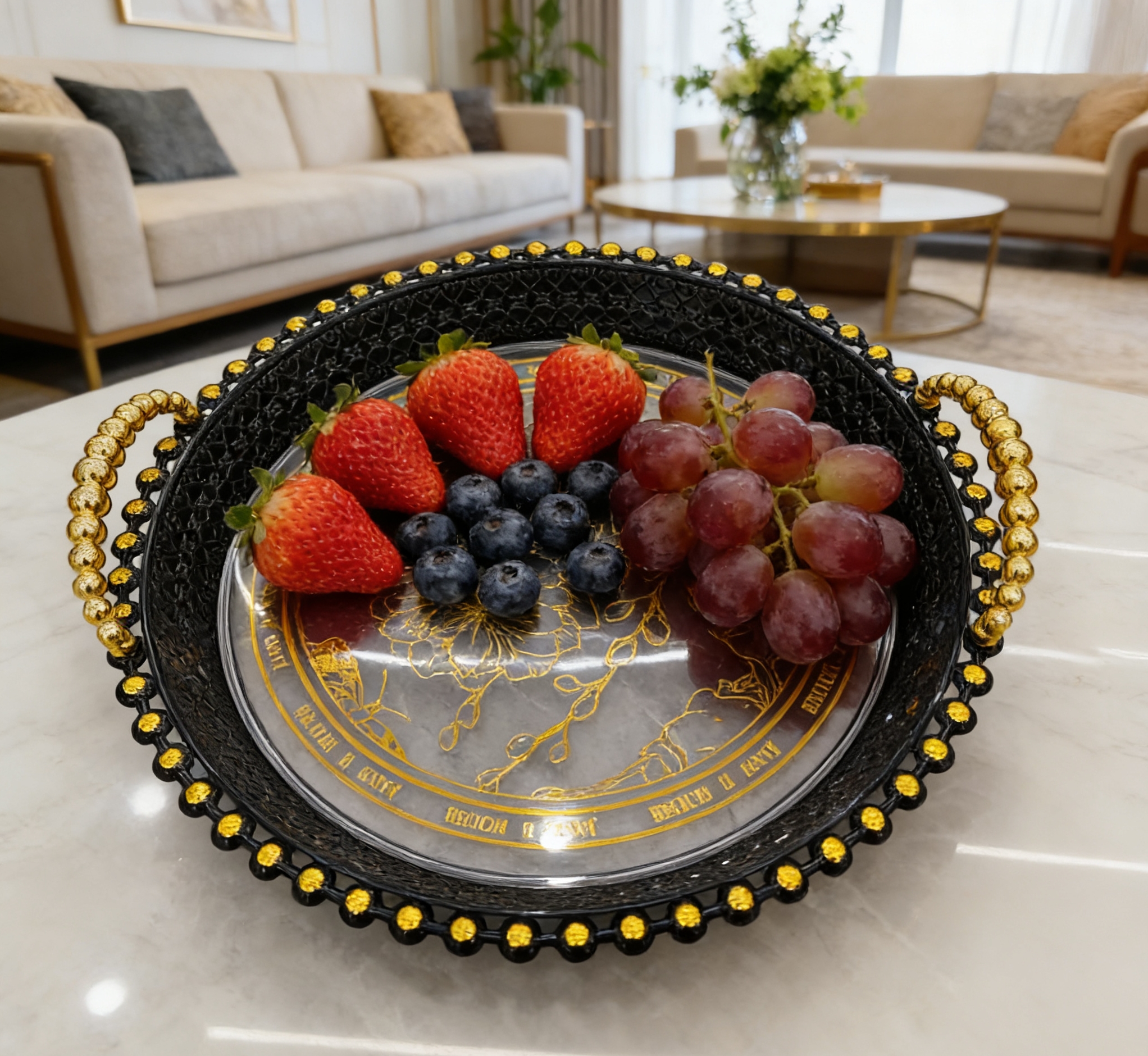 Court-style gold-patterned fruit platter, household dust-proof snack and pastry platter, Internet celebrity, high appearance level fruit platter with dust-proof cover, snack storage platter wholesale details Picture