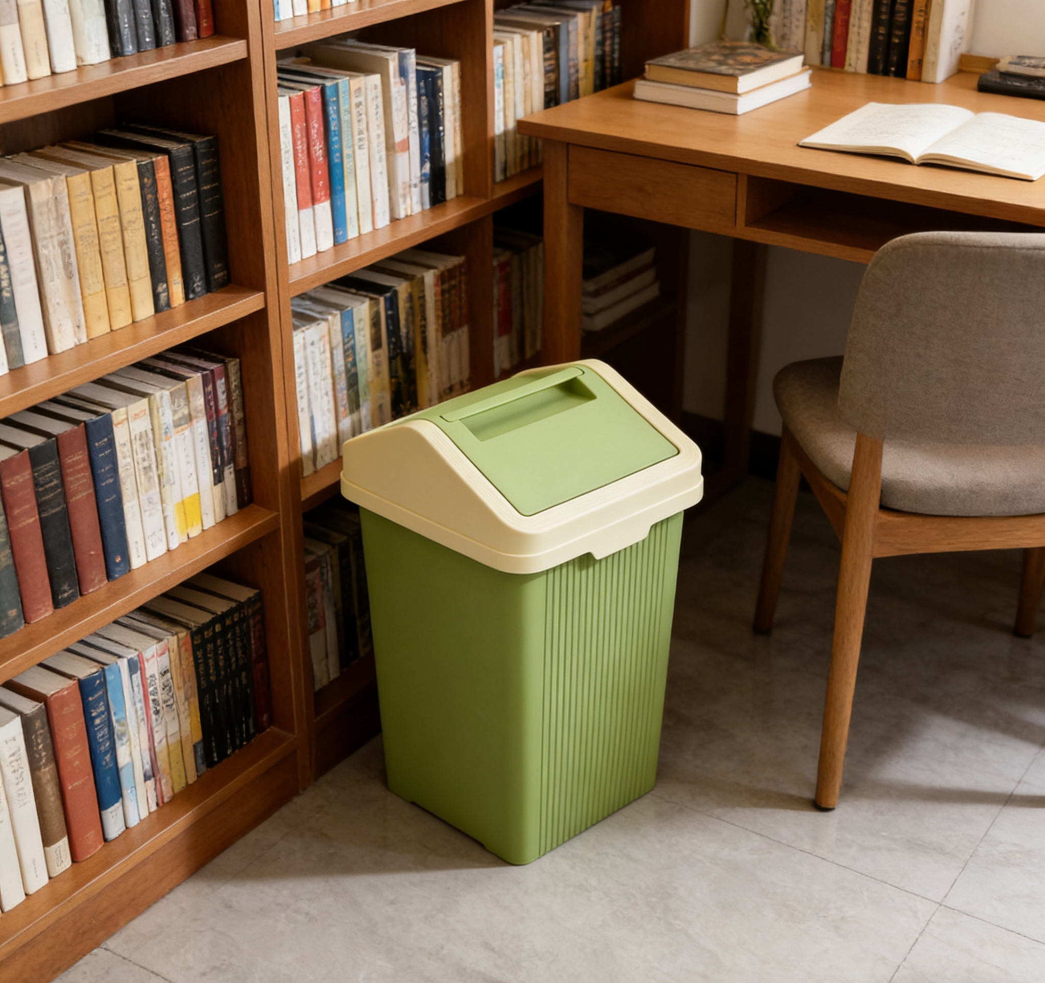 Vertical pattern design slit trash can, bathroom with lid anti-odor narrow body classified garbage bin, Nordic style green slit bucket, home living room and bedroom narrow edge with lid storage trash can Specification image