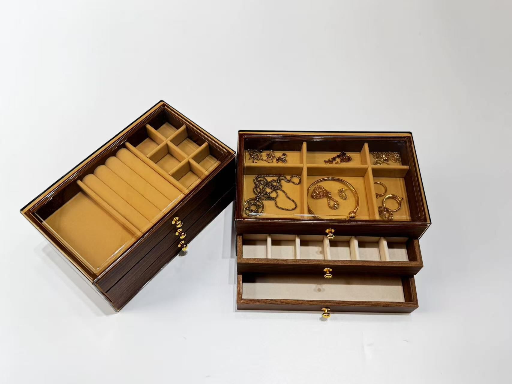 Ancient-style walnut-colored jewelry box with lock, dust-proof, exquisite wooden retro drawer-style solid wood jewelry storage box Item Picture