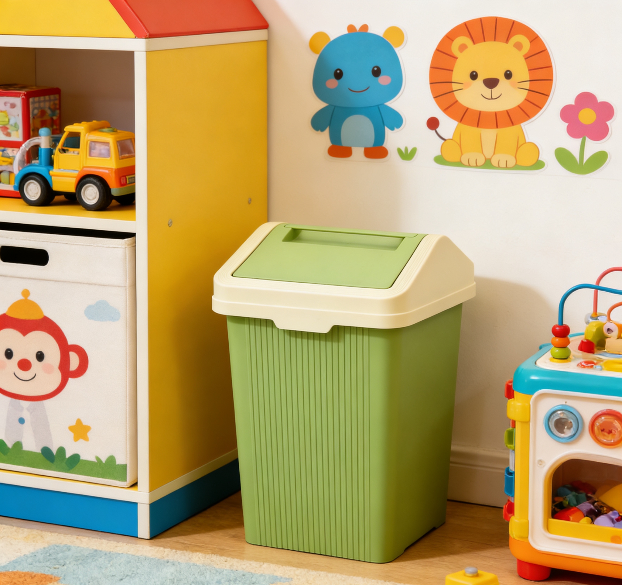 Vertical pattern design slit trash can, bathroom with lid anti-odor narrow body classified garbage bin, Nordic style green slit bucket, home living room and bedroom narrow edge with lid storage trash can Application Scenario