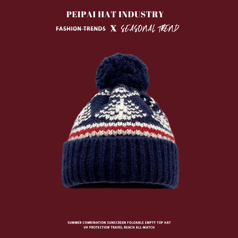 Fur ball Christmas woolen hat, women's autumn and winter retro Fair Island-style knitted hat, ski windproof and festive pullover hat Application Scenario