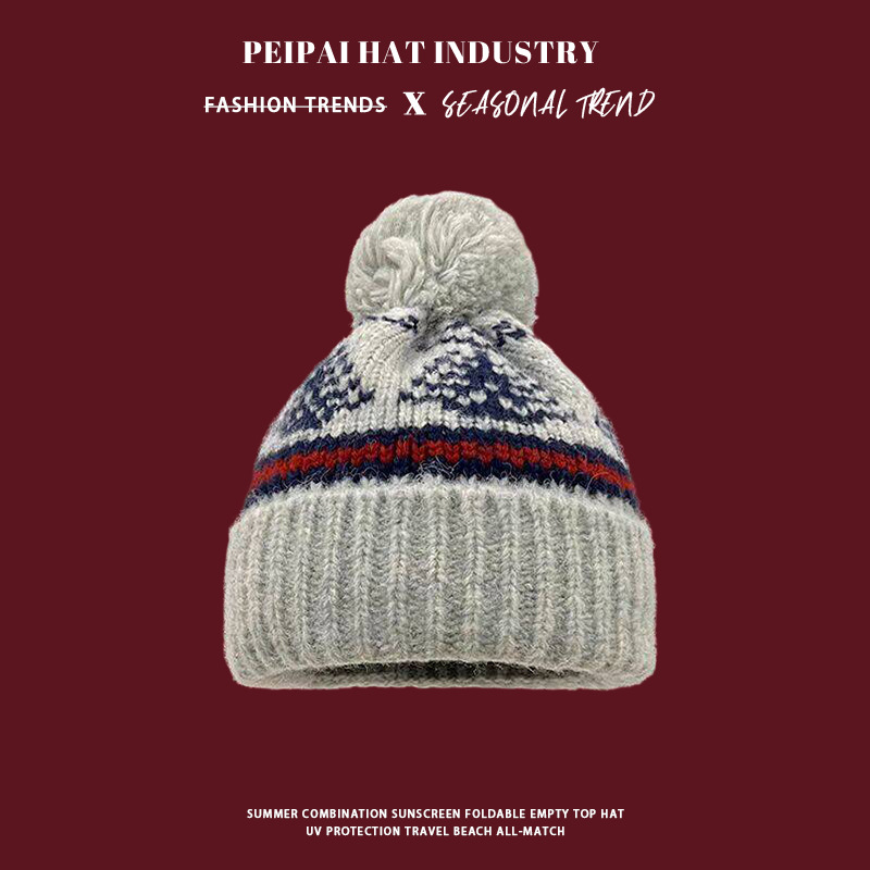 Fur ball Christmas woolen hat, women's autumn and winter retro Fair Island-style knitted hat, ski windproof and festive pullover hat Specification image