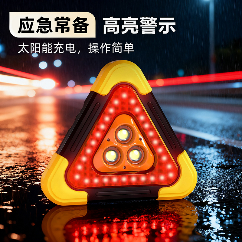 251001太阳能三角警示牌汽车载三脚架警示灯牌照明灯充电太阳能故障停车牌