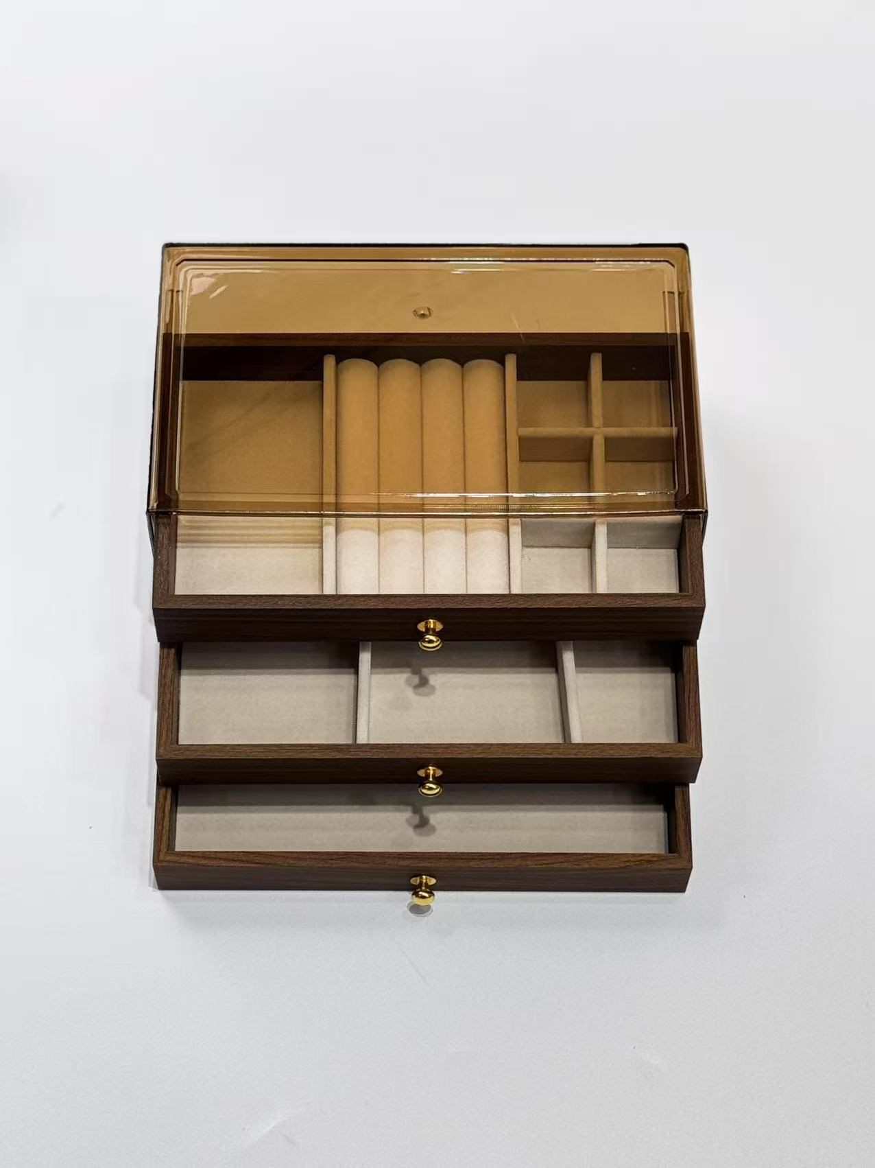 Ancient-style walnut-colored jewelry box with lock, dust-proof, exquisite wooden retro drawer-style solid wood jewelry storage box