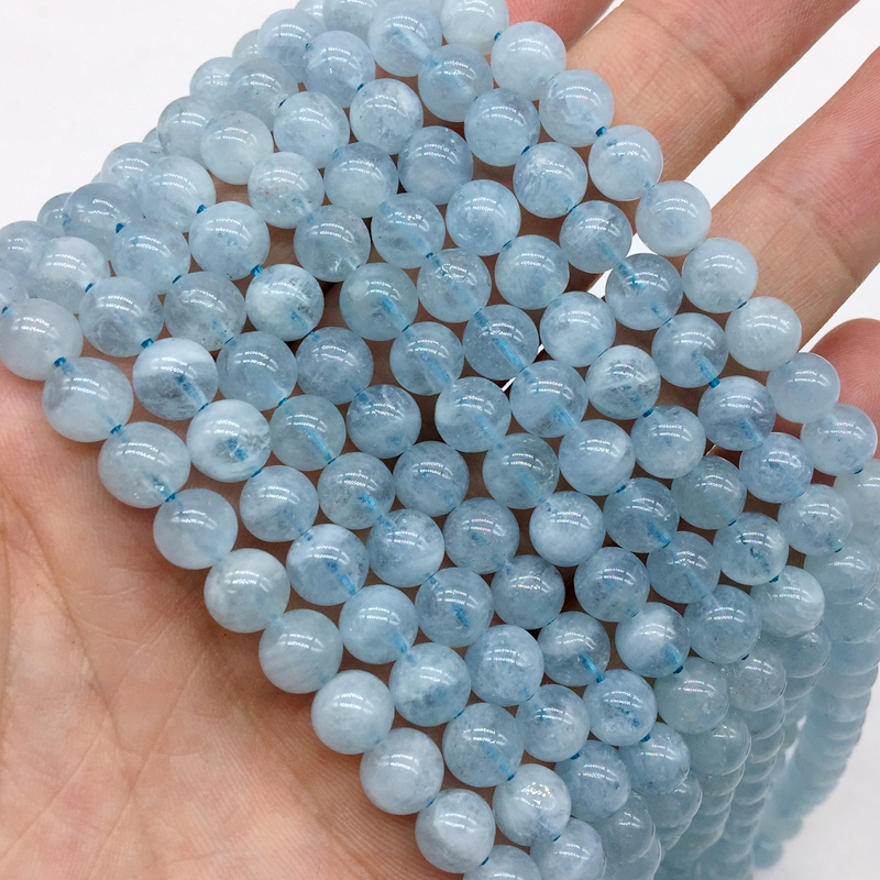 天然石散珠海蓝宝圆珠珠子不加色DIY厂家跨境批发Aquamarine Beads