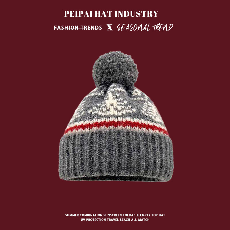 Fur ball Christmas woolen hat, women's autumn and winter retro Fair Island-style knitted hat, ski windproof and festive pullover hat details Picture