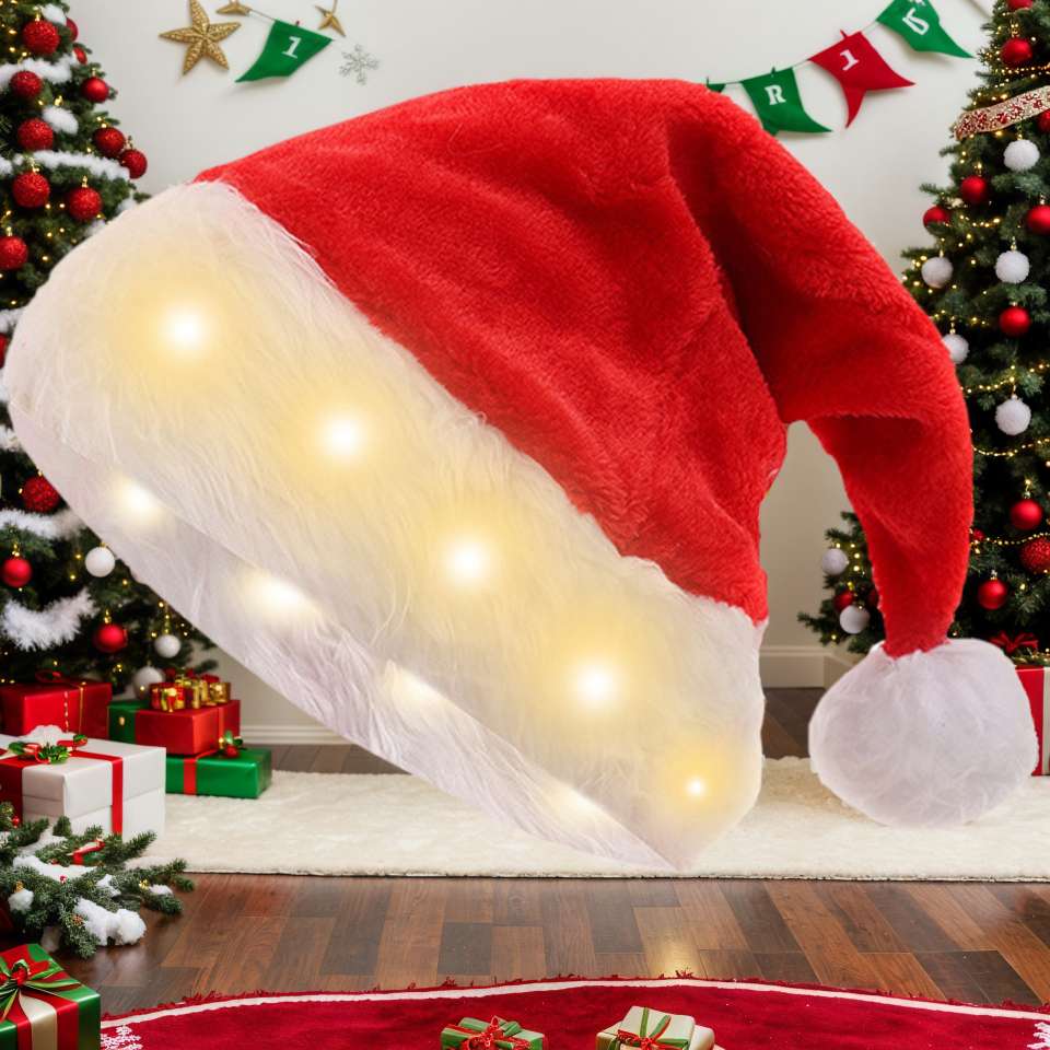 跨境热卖圣诞节装饰长毛绒暖光圣诞帽led圣诞老人帽聚会派对帽子 