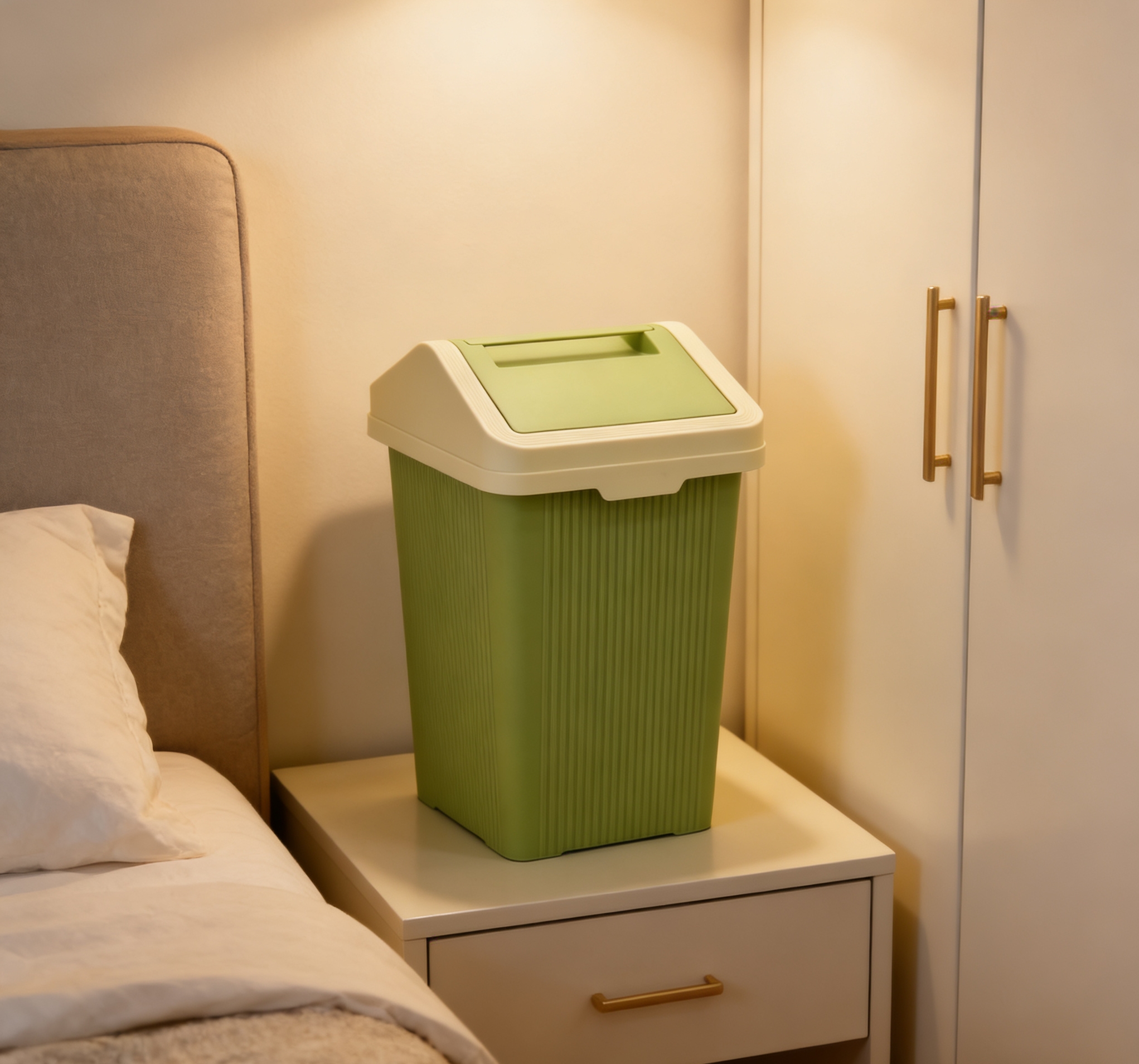 Vertical pattern design slit trash can, bathroom with lid anti-odor narrow body classified garbage bin, Nordic style green slit bucket, home living room and bedroom narrow edge with lid storage trash can details Picture
