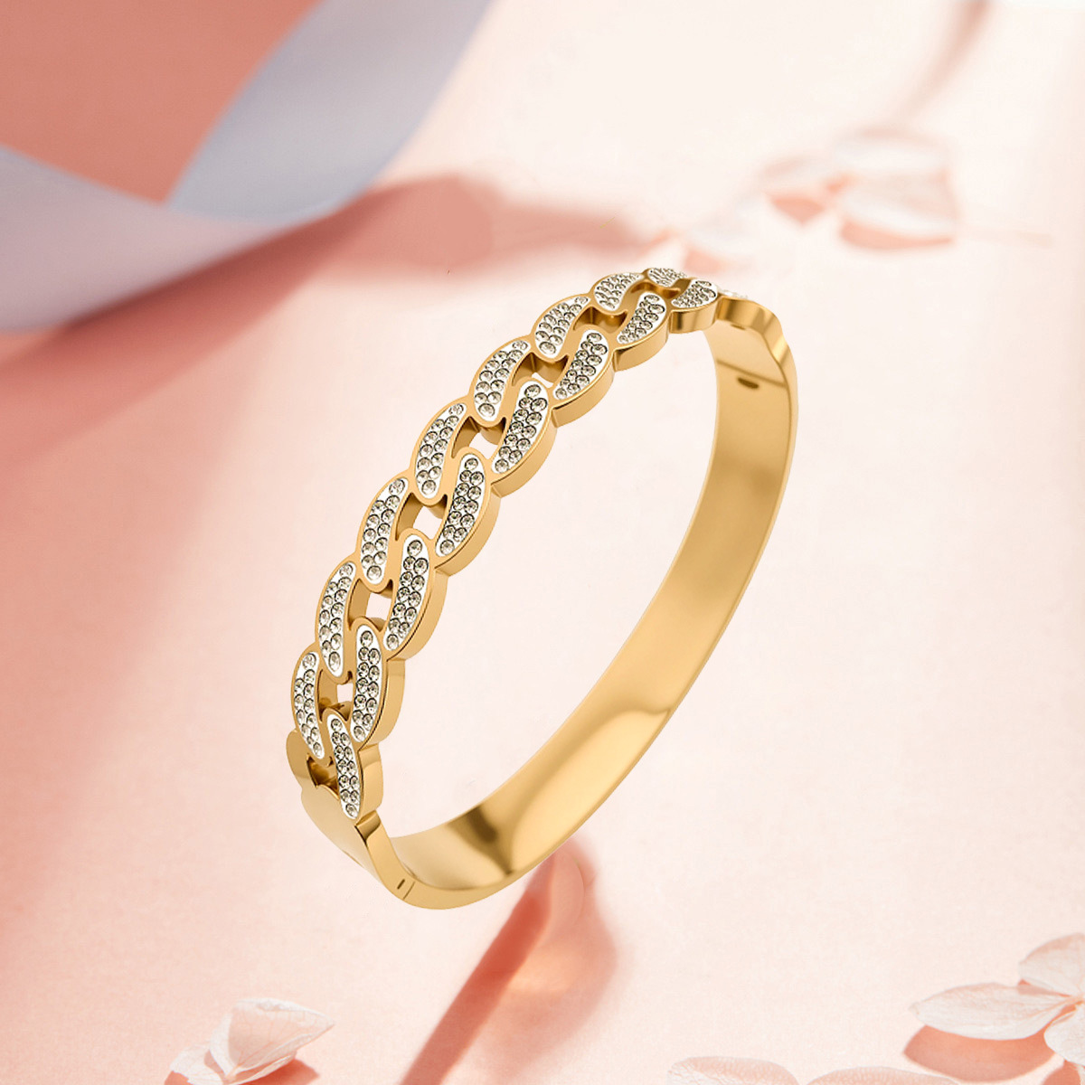 In-stock fashionable and creative titanium steel bracelet, girls' style, non-fading, cross-set diamond gold bracelet, wristband, stainless steel twist buckle bracelet detail image 7