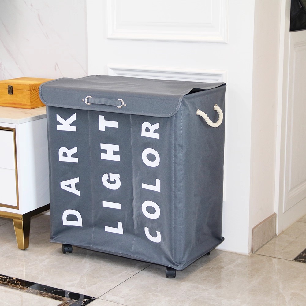 创意家居欧式分格带盖子洗衣篮带轮可折叠置物篮防水牛津布脏衣娄