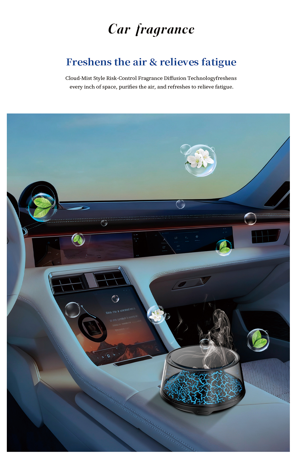 The new volcanic landscape cloud mist car aroma diffuser eliminates odors and leaves a long-lasting fragrance. The high-end aroma spray is available for start and stop in the car Item Picture