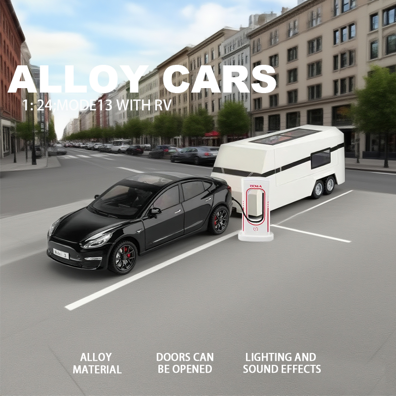 1:24 Tesla MODE13 with RV simulation alloy car model, car model, metal toy car ornament, boy details Picture