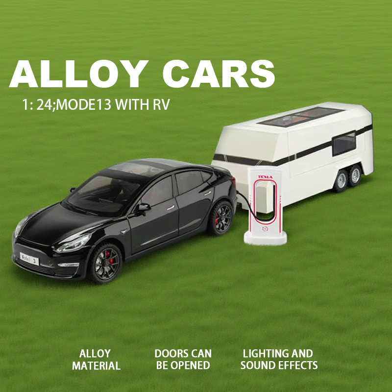 1:24 Tesla MODE13 with RV simulation alloy car model, car model, metal toy car ornament, boy
