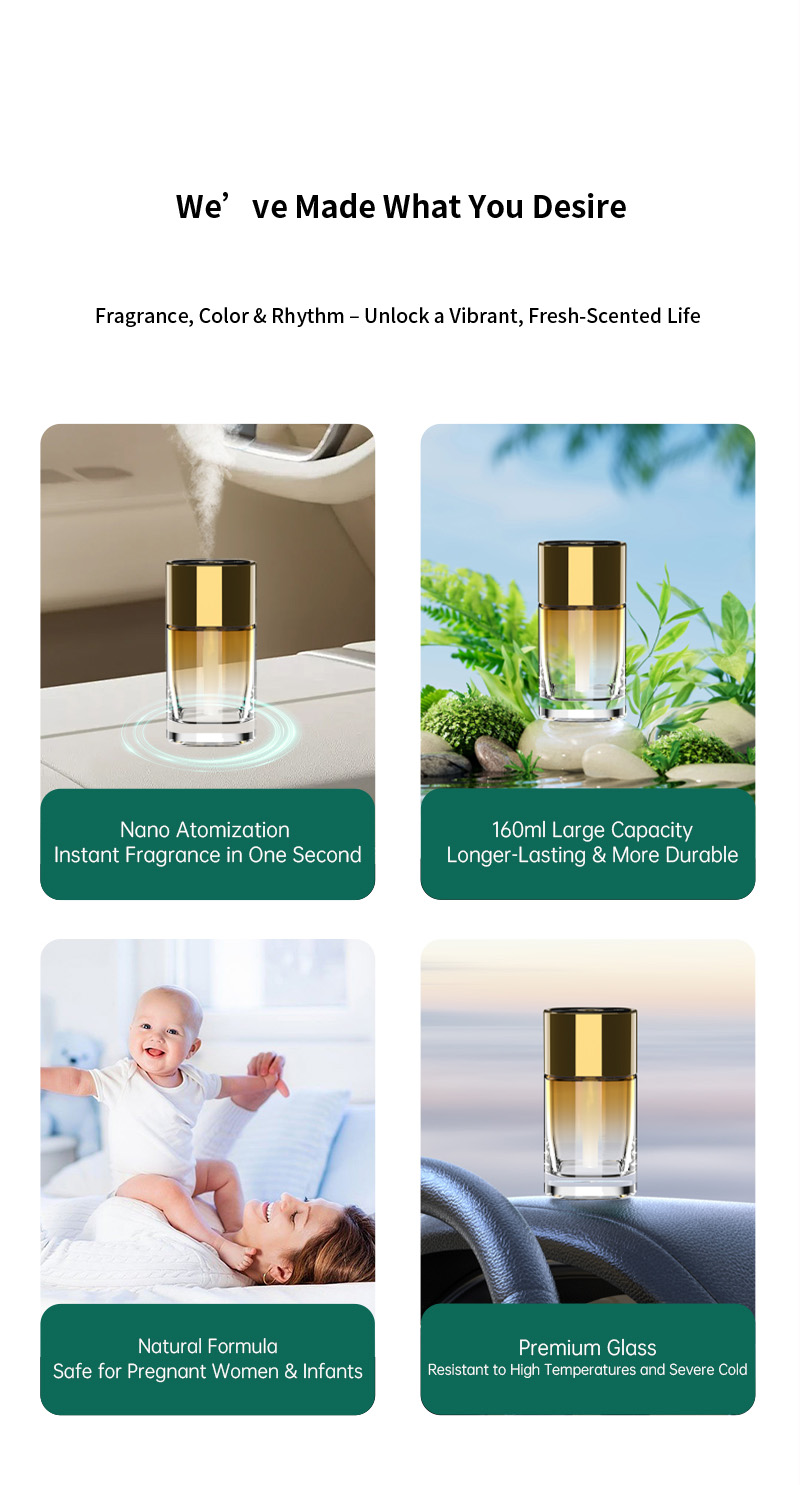 The car automatic fragrance sprayer can remove odors. It is a high-end in-car aromatherapy and fragrance. It can be used as a long-lasting spray for car perfumes Application Scenario