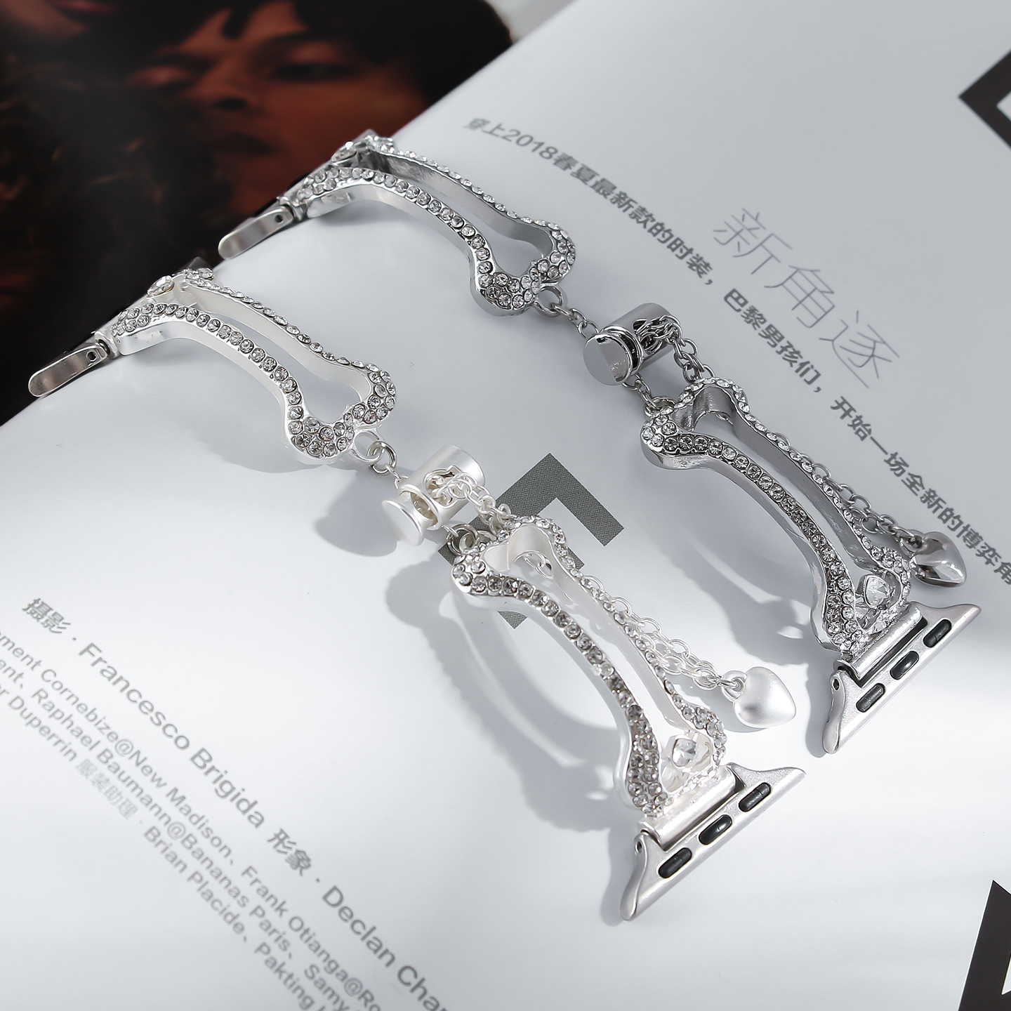 骨头爱心镶钻表带女款可调节表带适用苹果手表小米华为手表带S11/S10/9/8/7/6/5/4/3/2/1闪钻女款外贸