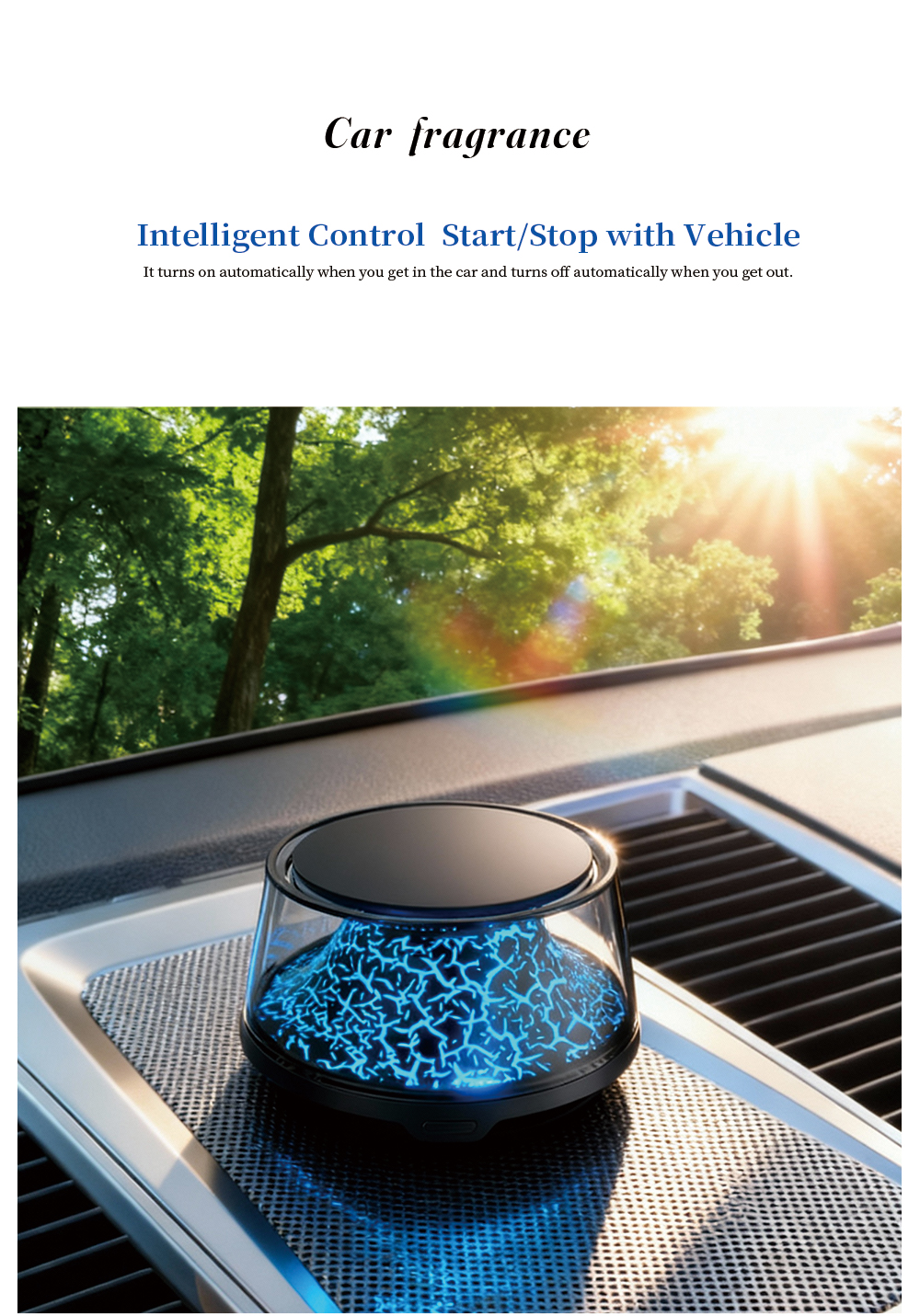 The new volcanic landscape cloud mist car aroma diffuser eliminates odors and leaves a long-lasting fragrance. The high-end aroma spray is available for start and stop in the car Specification image