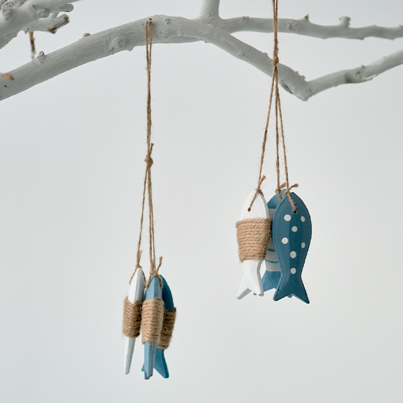 跨境新品小鱼串木制鱼窗帘装饰渔网背景装饰海洋挂件幼儿园装饰 