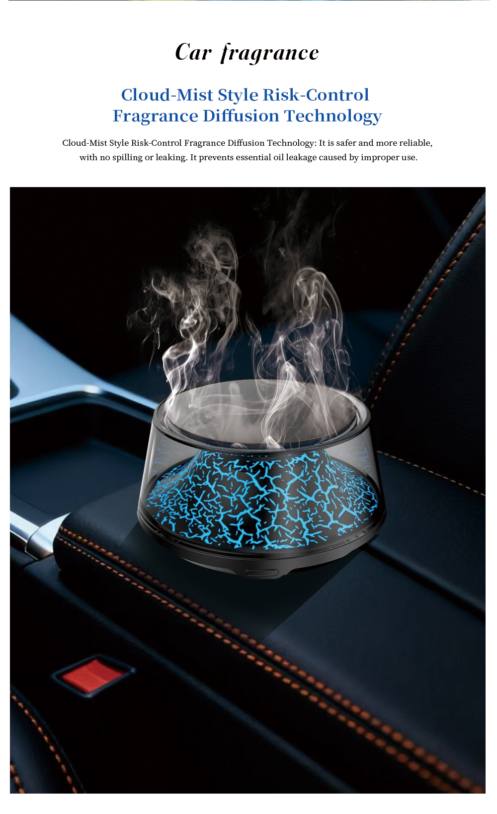 The new volcanic landscape cloud mist car aroma diffuser eliminates odors and leaves a long-lasting fragrance. The high-end aroma spray is available for start and stop in the car Application Scenario