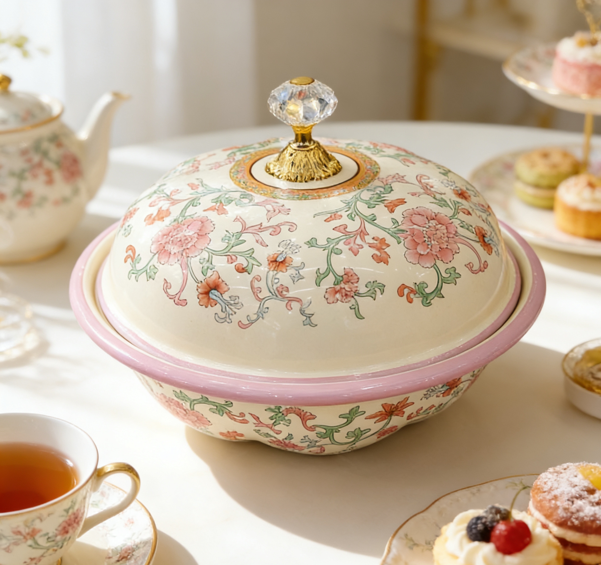  珐琅彩陶瓷盆带盖中式花纹家用汤盆空盆  中式珐琅彩陶瓷食用盆家用带盖汤盆