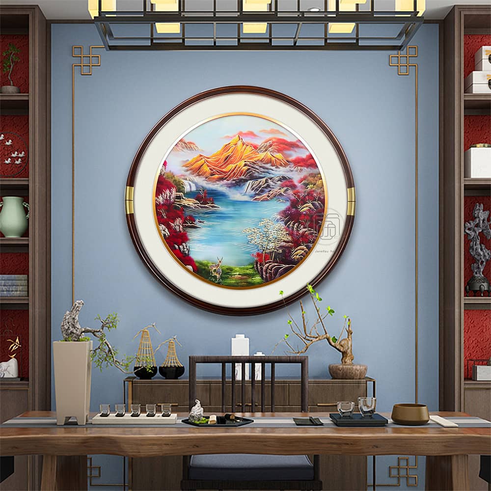 新中式铜雕画80圆系列木画边装饰画