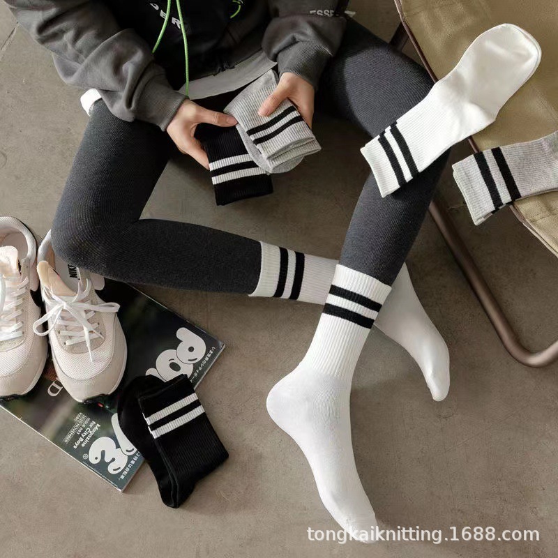 Shark pants with socks, women's black, white and gray double-bar mid-calf socks, pure cotton trendy casual sports long socks, Instagram trend details Picture