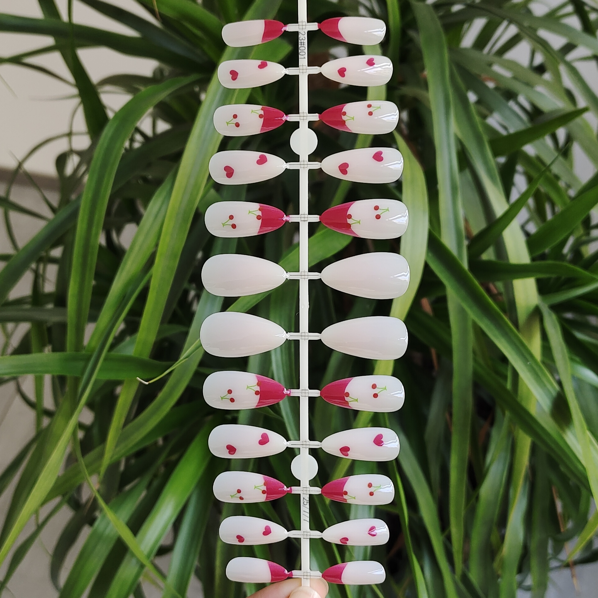 24 PCS PRESS ON NAIL TIPS ALMOND SHAPE PRINTING CRAFT WITH CHERRY AND LOVE PATTERN full figure