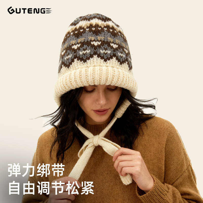 Fair Island-style knitted caps for women in 2025 are cute, versatile, warm, windproof, ear-protecting, headscarves and ballack caps details Picture
