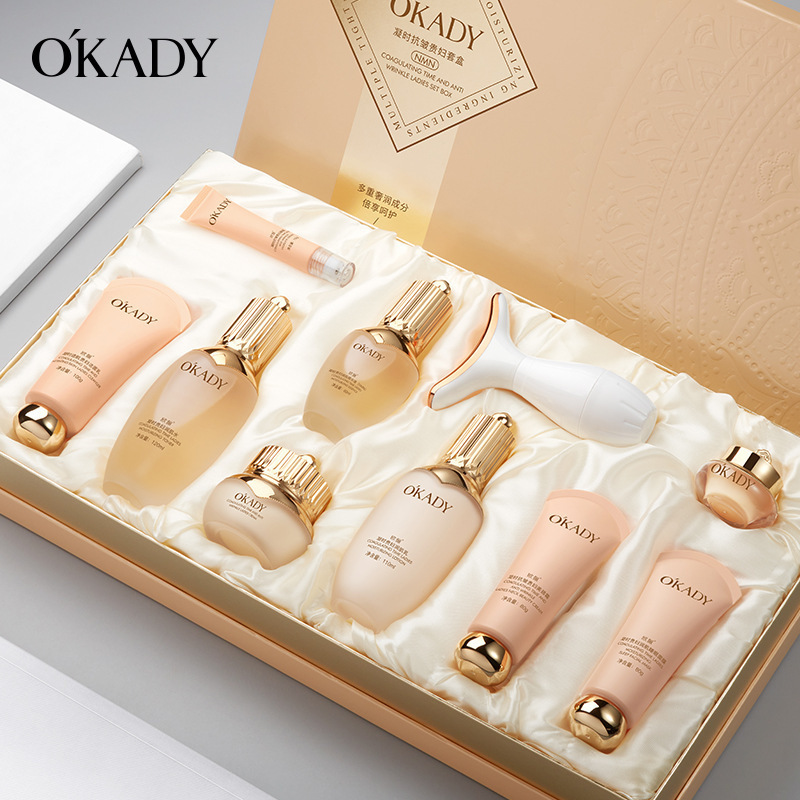 OKADY skincare Gift Box, with luxurious golden design and multiple essence creams, offers an exquisite skincare experience. Specification image