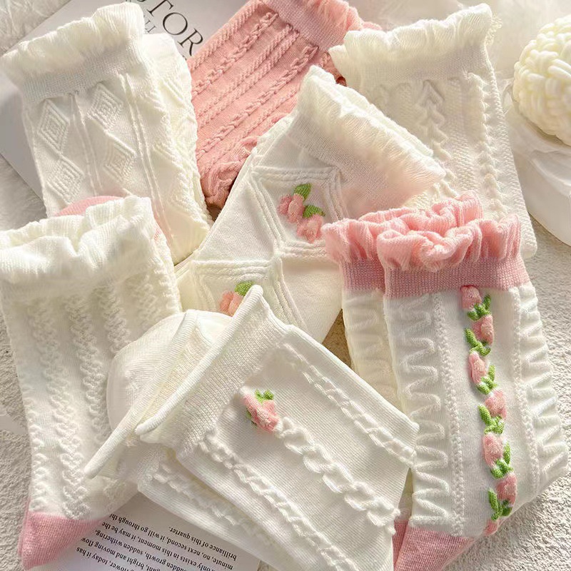 Autumn and winter new mid-calf Japanese-style solid color versatile women's polyester-cotton socks with bubble mouth lace princess style long calf socks Specification image