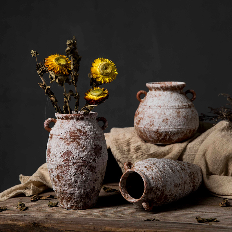 景德镇仿古做旧粗陶艺术瓷器新中式桌面插花假花轻奢高档复古摆件